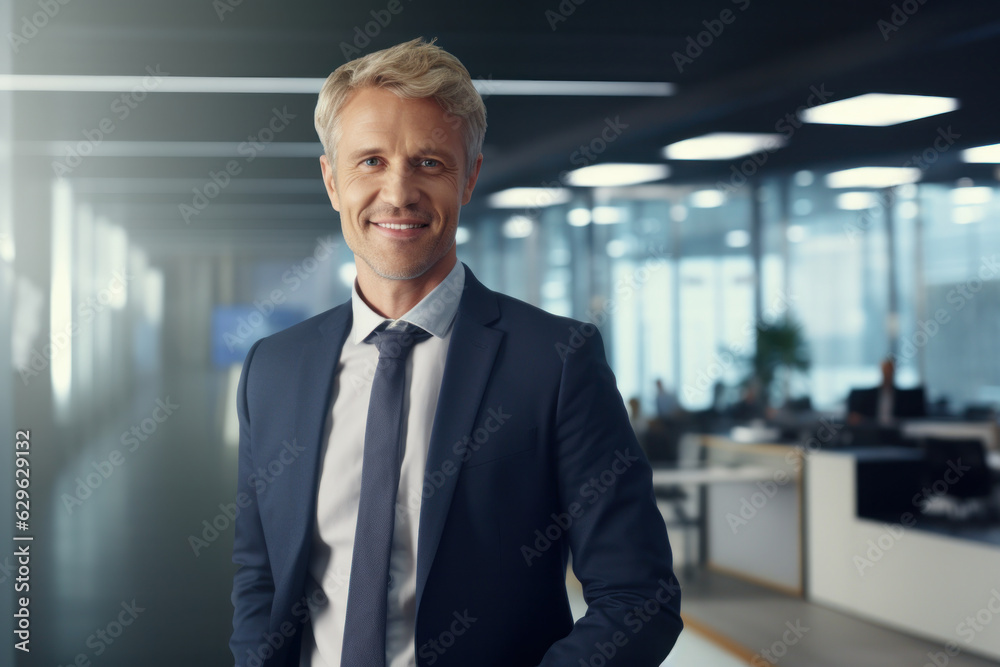 Smiling mid adult businessman at big office. Smiling mid adult businessman at big office.