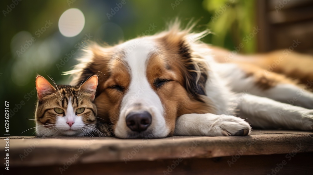 A Cute Kitten and a Dog Sleeping Close eachother. Cute Animal Photography.