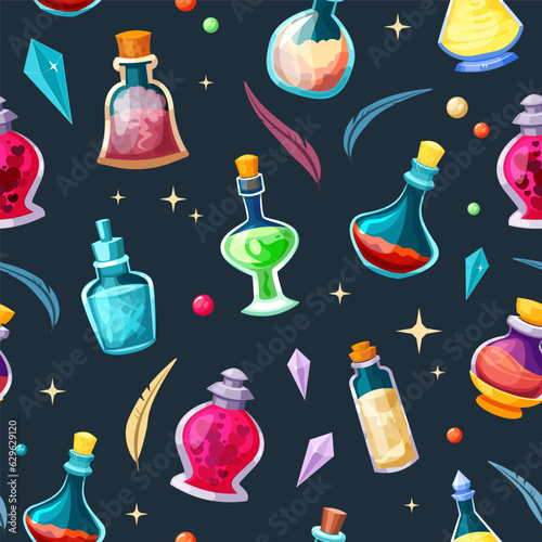 magic potion bottles with elixir seamless pattern. toxins poison, fantasy glass flasks with colorful liquid plugs, ui gaming assets. vector cartoon realistic flasks