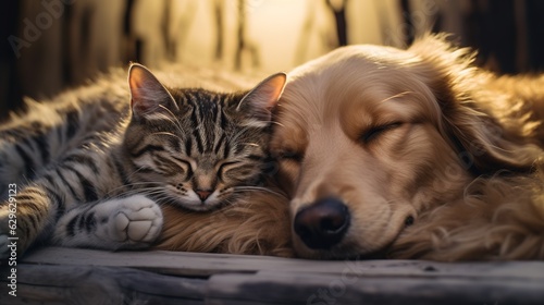 A Cute Kitten and a Dog Sleeping Close eachother. Cute Animal Photography.