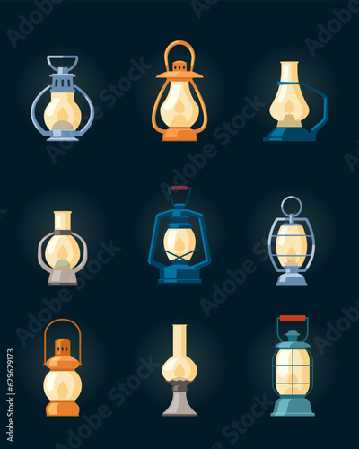 lanterns, kerosine vintage lamps for camping set. retro petrolium oil lanterns with burning wick. vector cartoon vintage isolated objects.