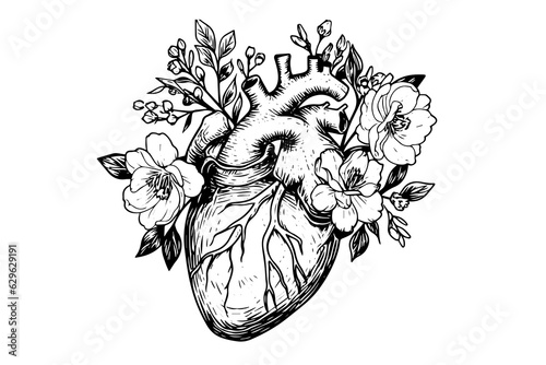 Valentine day card vintage illustration. Floral anatomical heart. Vector illustration