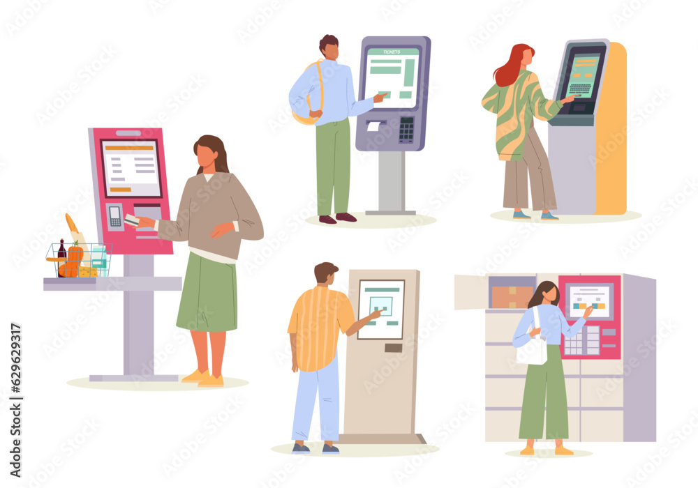 characters using self service terminals with touch screens, concept cartoon automation, contactless payment technology. vector cartoon characters. - obrazy, fototapety, plakaty 