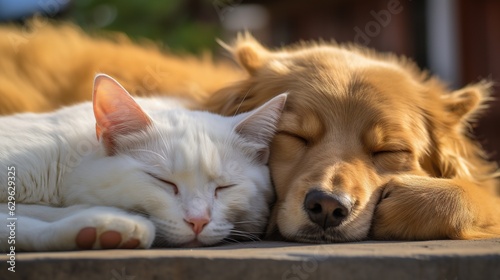 A Cute Kitten and a Dog Sleeping Close eachother. Cute Animal Photography.