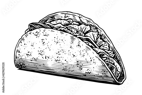 Hand drawn ink sketch of taco. Traditional mexican fast food illustration. Vector drawing.