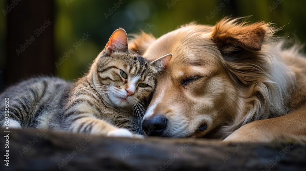 Fototapeta premium A Cute Kitten and a Dog Sleeping Close eachother. Cute Animal Photography.