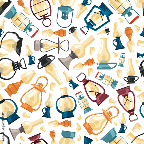 lanterns, kerosine vintage lamps for camping pattern. lanterns with burning wick, retro petrolium oil lamps. vector cartoon vintage seamless pattern