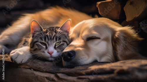 A Cute Kitten and a Dog Sleeping Close eachother. Cute Animal Photography.