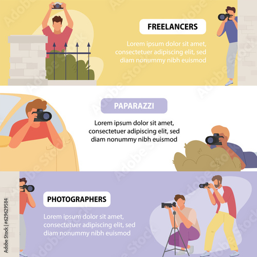 Paparazzi photographers shooting celebrities, banners. male photographers characters shooting invisible media chelerities. vector cartoon horizontal banners.
