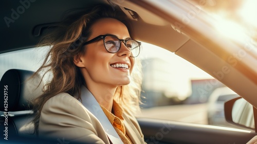 A Portrait of a Smiling Woman wearing Sunglasses and steering wheel having fun in her New Car. back view of Beautiful woman in casual clothes Driving a car created with ai © Phoophinyo