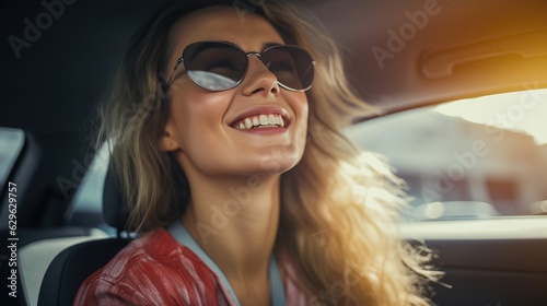 A Portrait of a Smiling Woman wearing Sunglasses and steering wheel having fun in her New Car. back view of Beautiful woman in casual clothes Driving a car created with ai © Phoophinyo