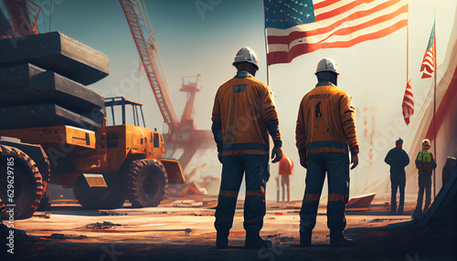 Men at the construction site on labour day By Marko, usa flag, Ai generated image photo