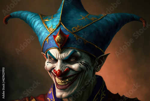 Portrait of a jester grinning. Created with Generative AI. Not a real person.