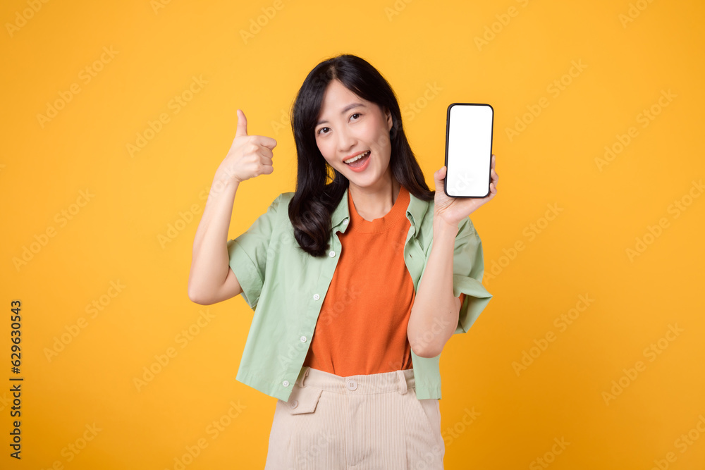 Embrace the future of new mobile application with young Asian woman in her 30s, wearing orange shirt and green jumper, revealing smartphone screen with a thumbs-up gesture on yellow studio background. Embrace the future of new mobile application with young Asian woman in her 30s, wearing orange shirt and green jumper, revealing smartphone screen with a thumbs-up gesture on yellow studio background.