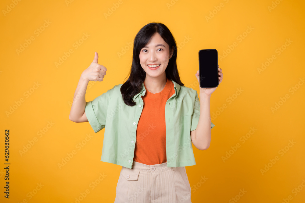 new mobile application with a cheerful young Asian woman 30s, donning orange shirt and green jumper, displaying smartphone screen with a thumbs-up gesture on yellow studio background. new mobile application with a cheerful young Asian woman 30s, donning orange shirt and green jumper, displaying smartphone screen with a thumbs-up gesture on yellow studio background.
