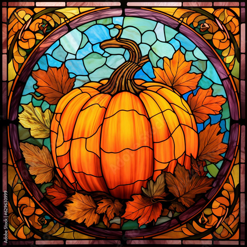 Wallpaper Mural Square Autumn Pumpkin and Leaves in a Mosaic Window, Seasonal Stained Glass Illustration, Generative Ai Torontodigital.ca