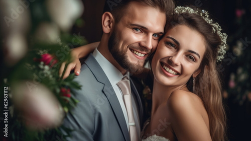 Amazing smiling wedding couple. Pretty bride and stylish groom. © Sasint