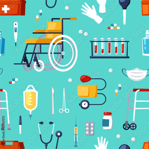 medical surgeons hospital items pattern. surgical medicine, cartoon pharmacy medicine instruments set. vector flat cartoon seamless pattern.