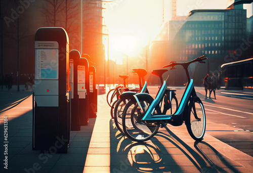 Bike sharing, scooter sharing - mobile personal electric transport in the business center of the city. AI generative.