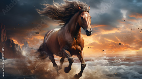 Running stallion brown horse cinematic scenery in dynamic motion ai generated