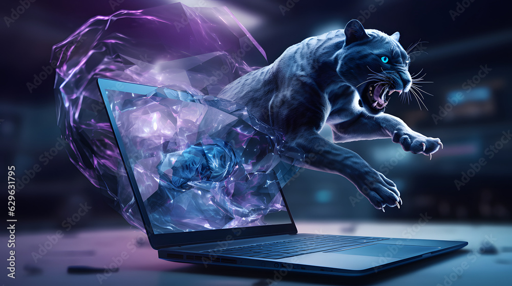 custom made wallpaper toronto digitalGaming laptop 3d jumping panther big cat virtual reality screen display ai generated