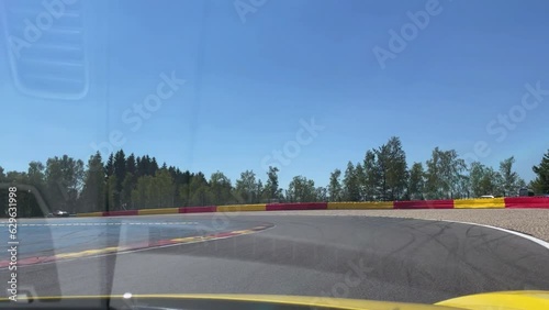 Ride in the Porsche GT4 race car over track section 2 of Circuit Spa Francorchamps from Kemmel Straight through curves Le Combs and Malmedy, tight bend Bruxelles to exit curve Pouhon, FIA Formula 1 photo