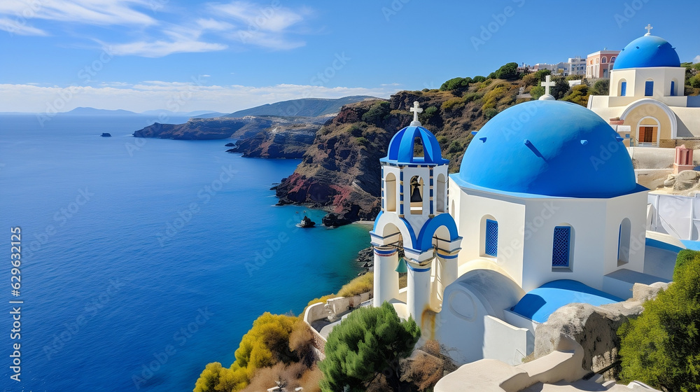Majestic coastal church with stunning blue dome overlooking the ocean
