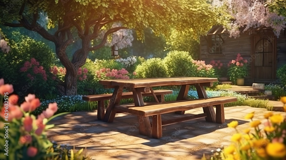 Empty old wooden table with beautiful flowers in the field. a sunny day in spring. Generative Ai