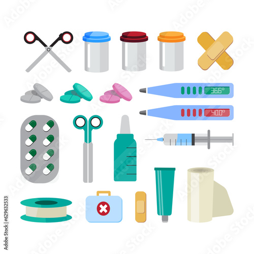 Medicine, pharmacy, hospital items set. cartoon medical instruments collection, bottles syringes flasks bandages medicines. vector cartoon set of isolated items.