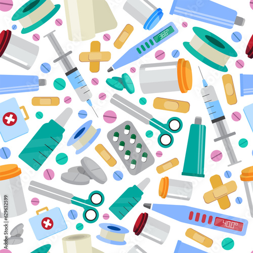 Medicine, pharmacy, hospital items pattern. bottles syringes flasks bandages medicines, cartoon medical instruments collection. cartoon vector set isolated items.