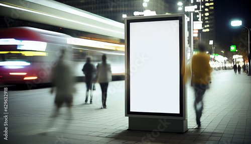 Media banner, blank digital billboard for your advertising. Blurred street and people. Abstract illustration.