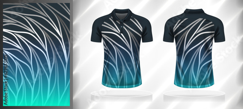 Vector sport pattern design template for Polo T-shirt front and back view mockup. Dark and light shades of blue with white-grey color abstract curve line texture background illustration.
