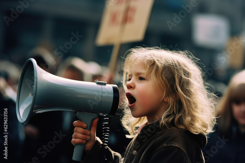 Child activist protesting with megaphone during a demonstration first person view cinematic lighting photo