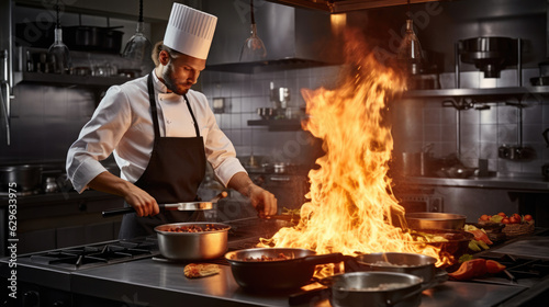 Chef in restaurant kitchen at stove with pan, doing flambe on food photo