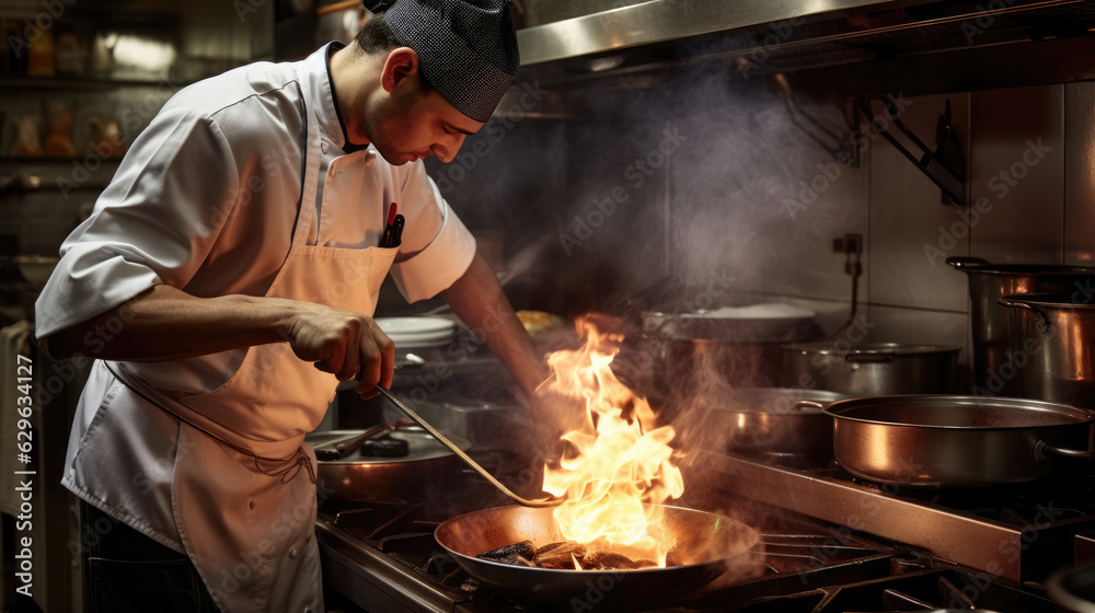 Chef in restaurant kitchen at stove with pan, doing flambe on food Chef in restaurant kitchen at stove with pan, doing flambe on food