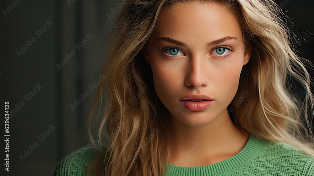 Naklejka premium beautiful scandinavian model , green eyes , green light background