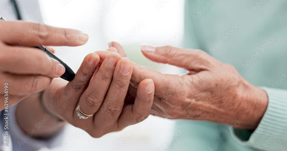 Hands, diabetes and a doctor with a patient and tools for a healthcare check with a finger prick. Closeup, service and a nurse with a person and machine for sugar or glucose exam from a blood sample Hands, diabetes and a doctor with a patient and tools for a healthcare check with a finger prick. Closeup, service and a nurse with a person and machine for sugar or glucose exam from a blood sample