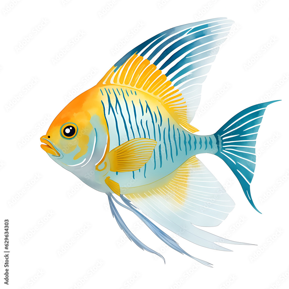 Angelfish in Cartoon style. Cute Little Cartoon Angelfish isolated on white background. Watercolor drawing, hand-drawn Angelfish watercolor. For children's books, for cards, Children's illustration.
