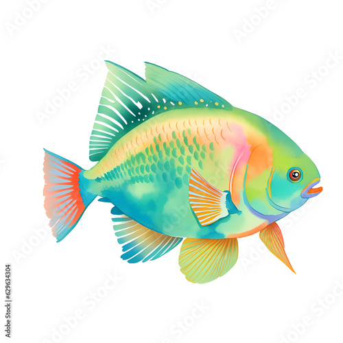 Parrotfish in cartoon style. Cute Little Cartoon Parrotfish isolated on white background. Watercolor drawing, hand-drawn Parrotfish in watercolor. For children's books, for cards,