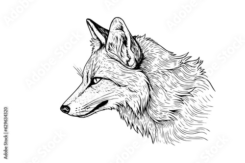 Fox logotype mascot hand drawn ink sketch. Vector illustration in engraving style.