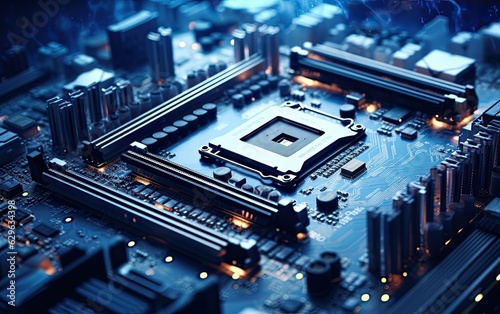 Shot of Generic Printed Circuit board with Microchips and other Components During Production Process. Electronics Manufacturing. Created with Generative AI technology.