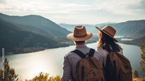 Couple with a hat and backpack looking at the mountains and lake from the top of a mountain in the sun light, with a view of the mountains