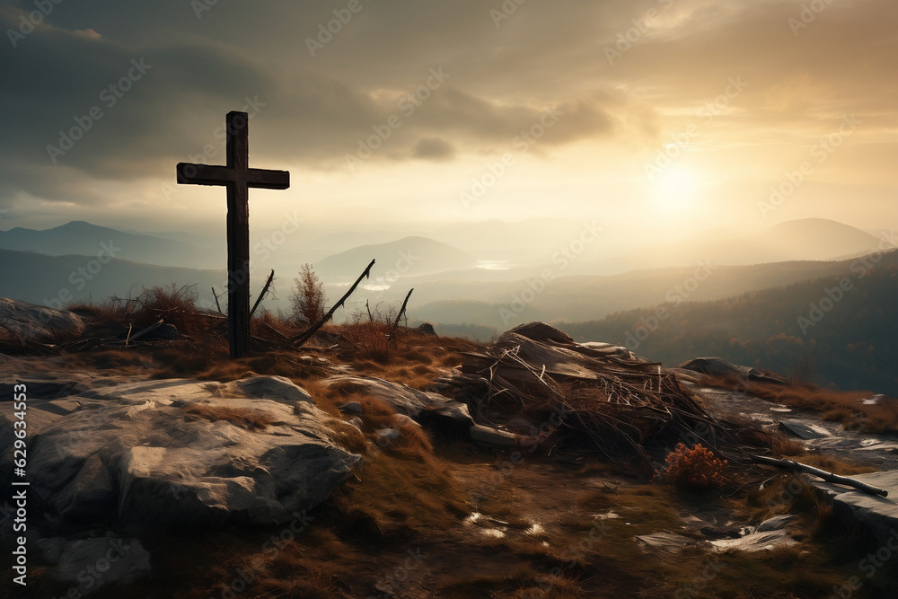 Sacred Christian cross marking the final resting place of Jesus Christ on the majestic mountain Sacred Christian cross marking the final resting place of Jesus Christ on the majestic mountain