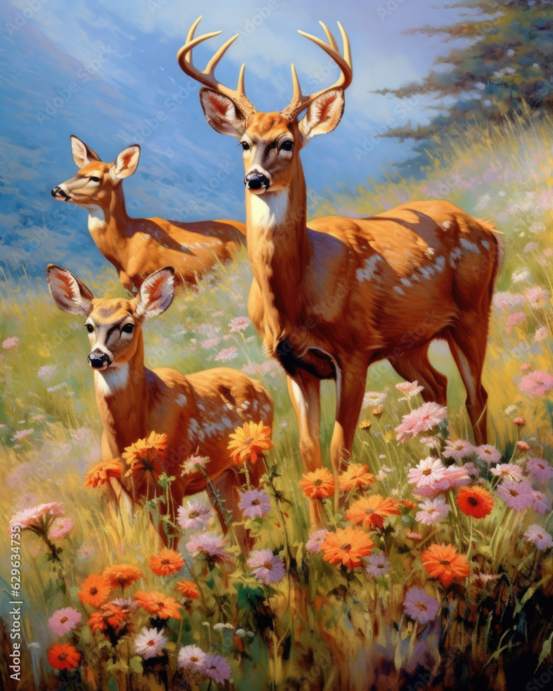 Fototapeta premium A family of deer bounding through a meadow highlighting the recreational activities that nature offers. .