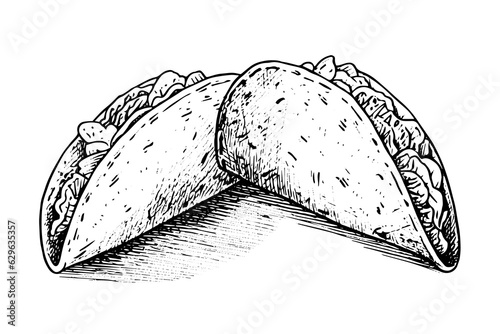 Hand drawn ink sketch of taco. Traditional mexican fast food illustration. Vector drawing.