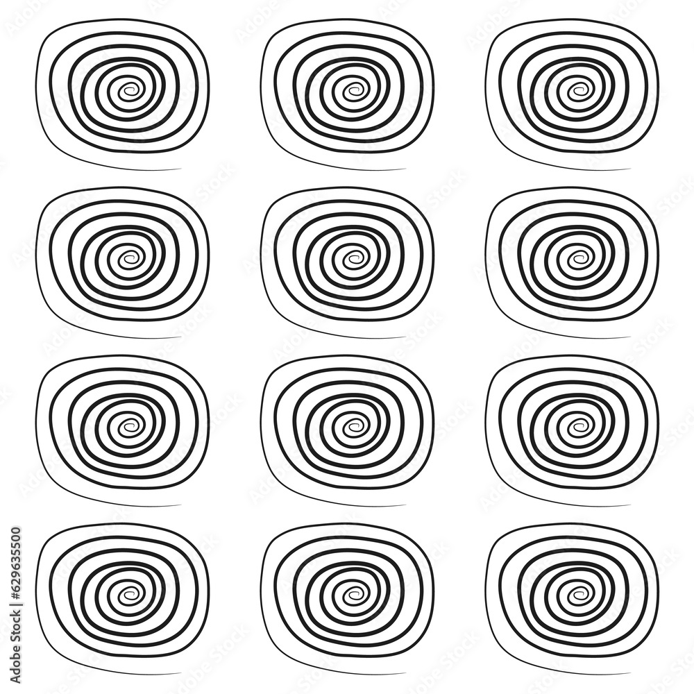 Pattern of black spiral silhouettes on white background	