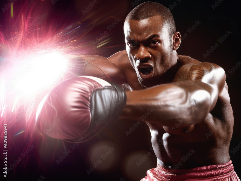 Closeup of a boxer throwing a powerful upper lit by a flashing strobe light. .