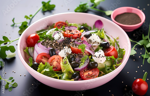 vegan vegetarian bowl - olive green vegetarian salad, linseed, chia seeds, red onion, tomato and sprouts on black background