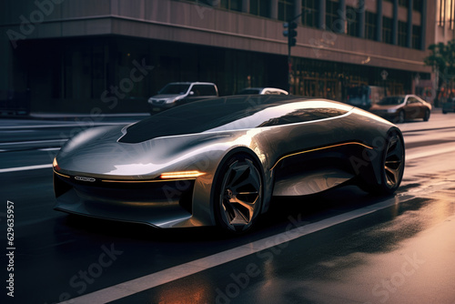 A sleek black and silver selfdriving car soaring along a city street a testament to a future of smart mobility. .