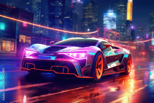 An electric sports car surrounded by an illuminated late night city skyline the streets lit by colorful neon lights. .